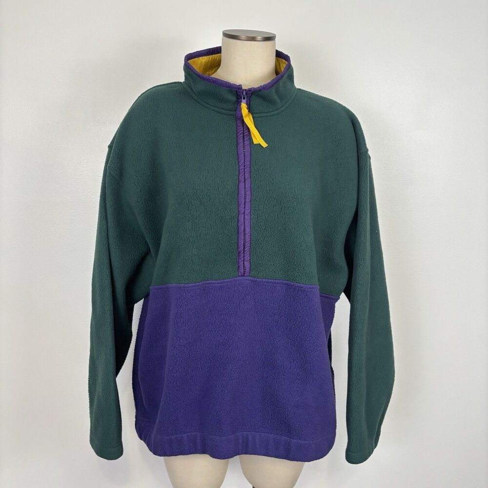 Vintage 90s Glacier Fleece Sweater Large Green Purple Arctic Pullover Colorblock